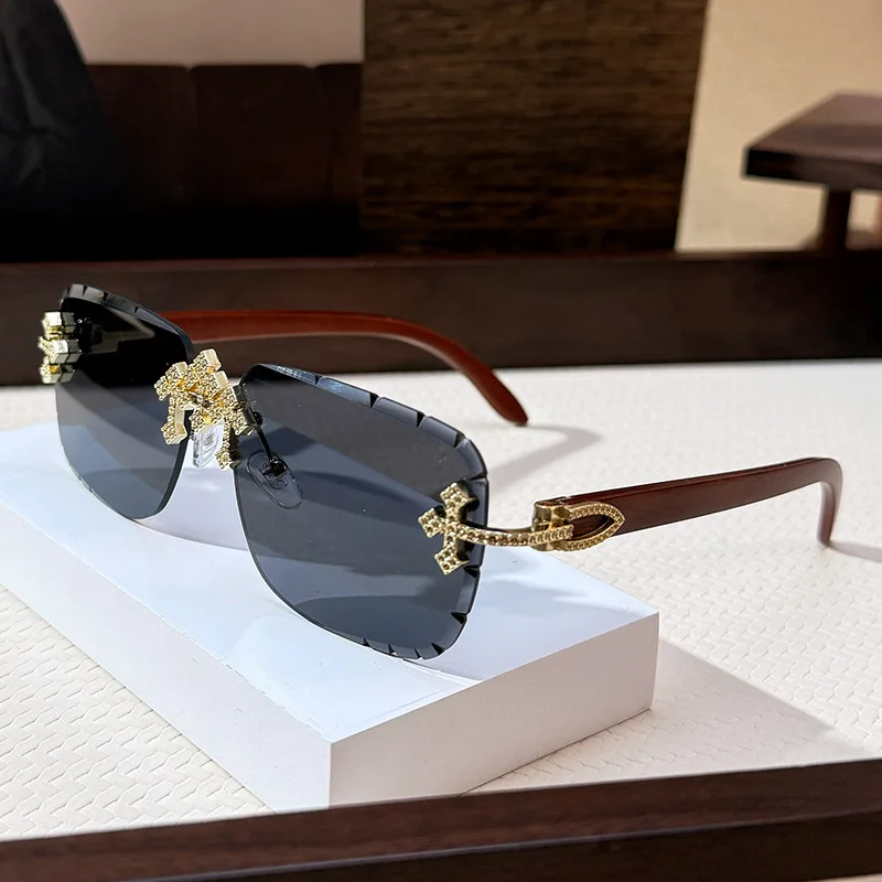 

New Cross Diamond Borderless Sunglasses for Men, Metal Starry Sky Sunglasses for Women, High End Decorative Wood Grain