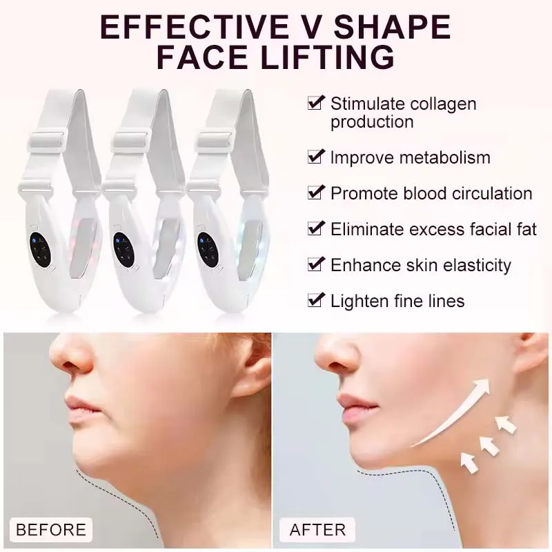 V Face Lifting Device LED Photon Therapy Vibration Facial Massager Face Slimming Double Chin Removal Lift Belt Skin Care