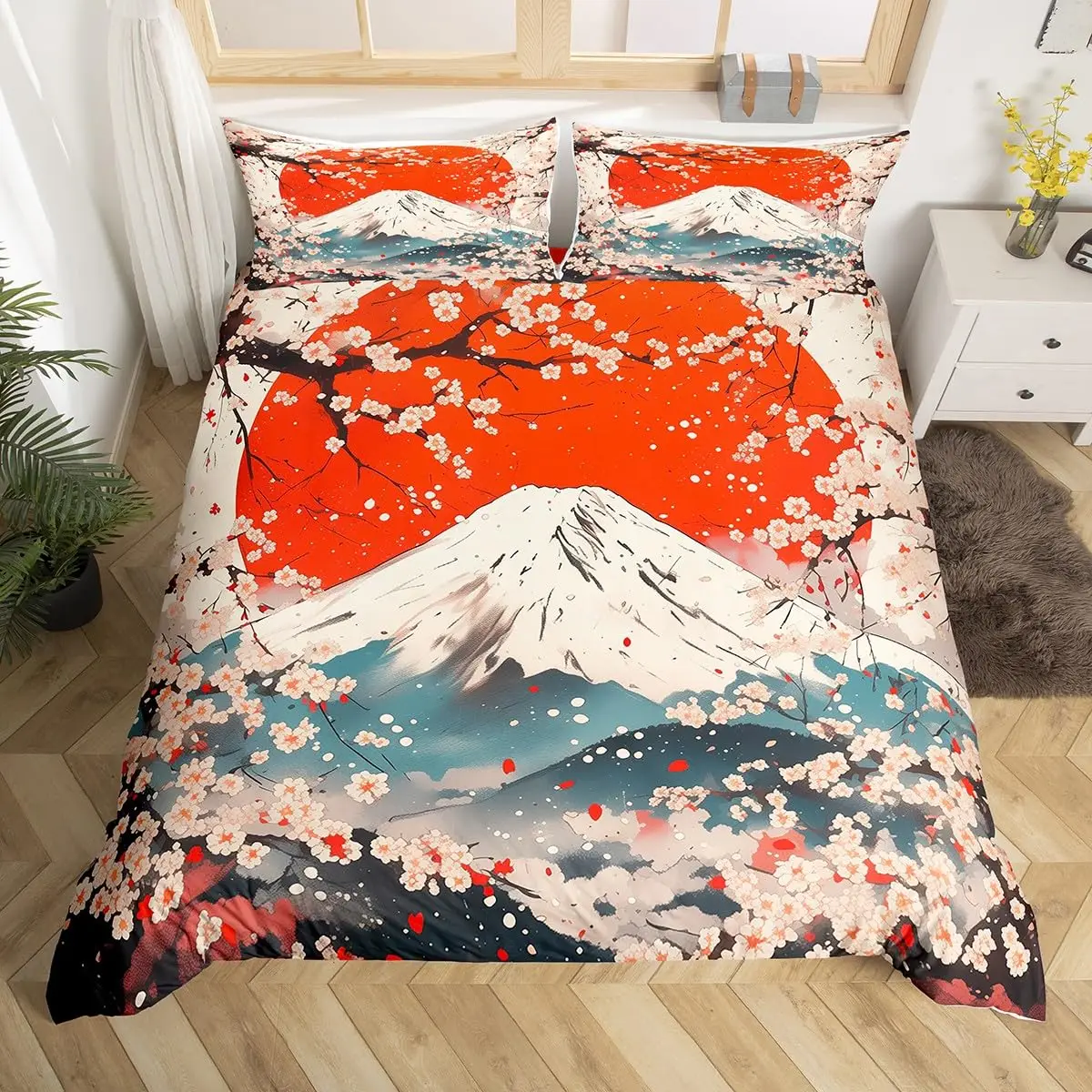 Japanese-Style Comforter Cover Cherry Blossoms Printed Bedding Set Mount Fuji Duvet Cover Ink Painting Pattern Bedspread Cover