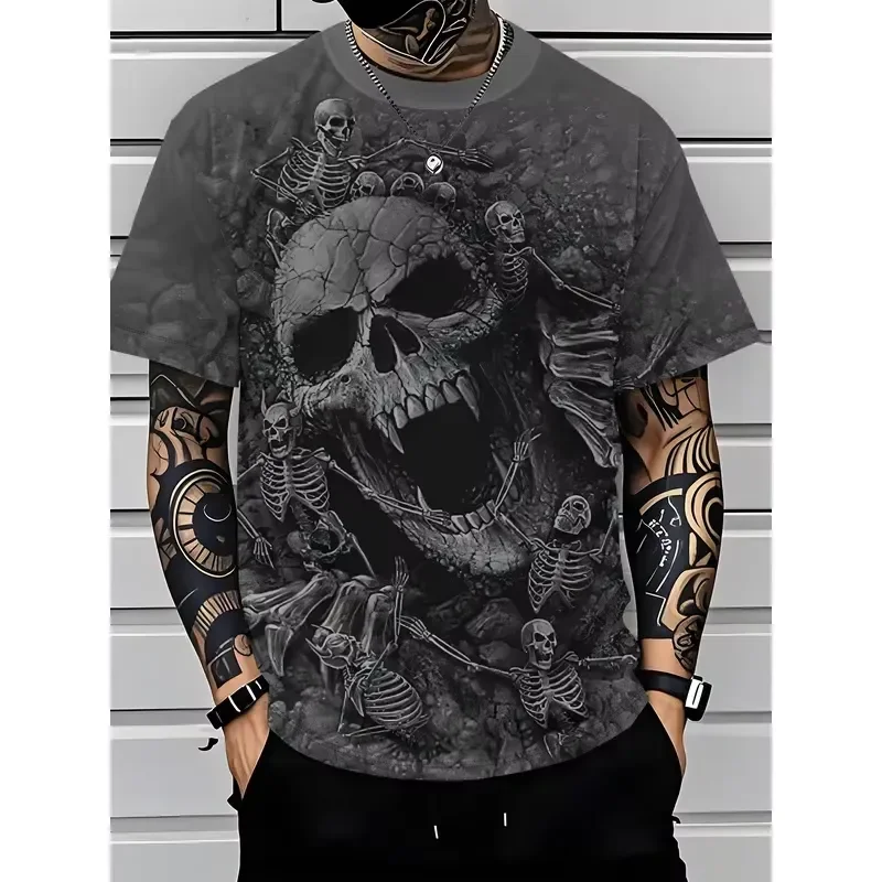 3D Digital Print Men 3D Skull Skeleton T Shirt Dark Grey Horror Bone Graphic Crew Neck Short Sleeve Tops 2026 Summer