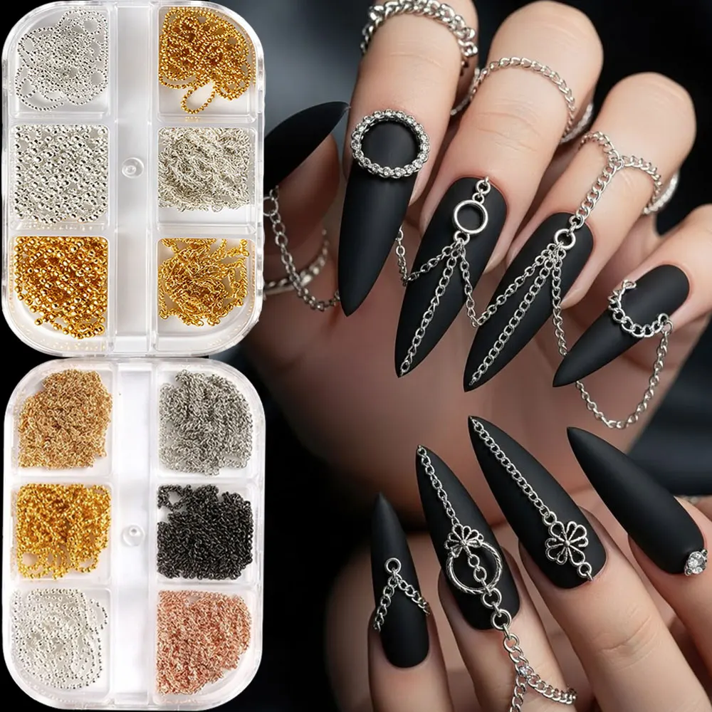 6/12Grid Metal Bead Chain Link Curb Chain Ball Nail Chain Charms Silver Gold Rose Black Alloy Tiny Cable Chains DIY Nail Jewelry