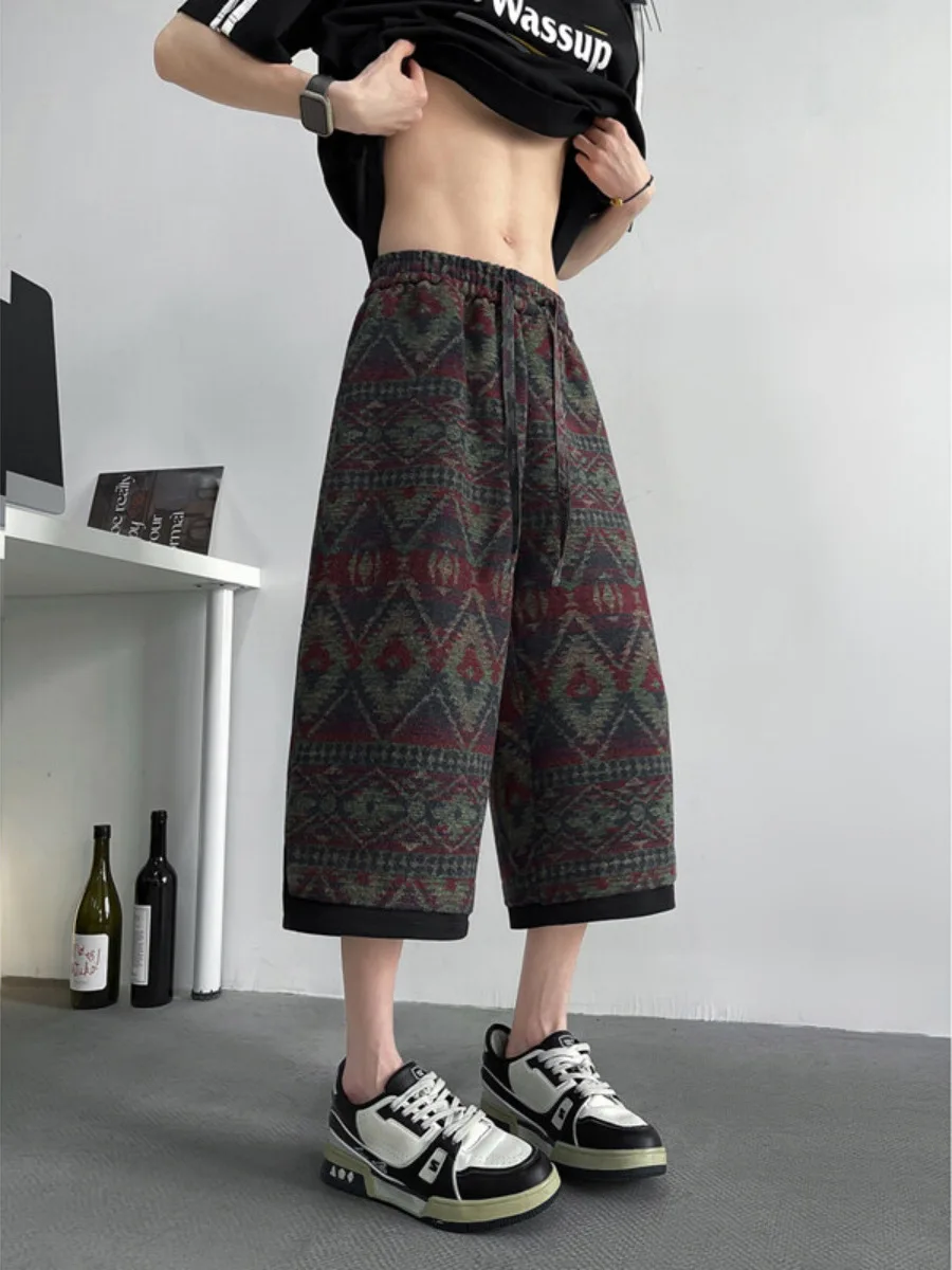 Etnische Sle Geborduurde 7/8 Lengte Heren Zomer Plus Size Casual Broek Losse Wijde Pijpen Broek Trendy Plus Size Faion