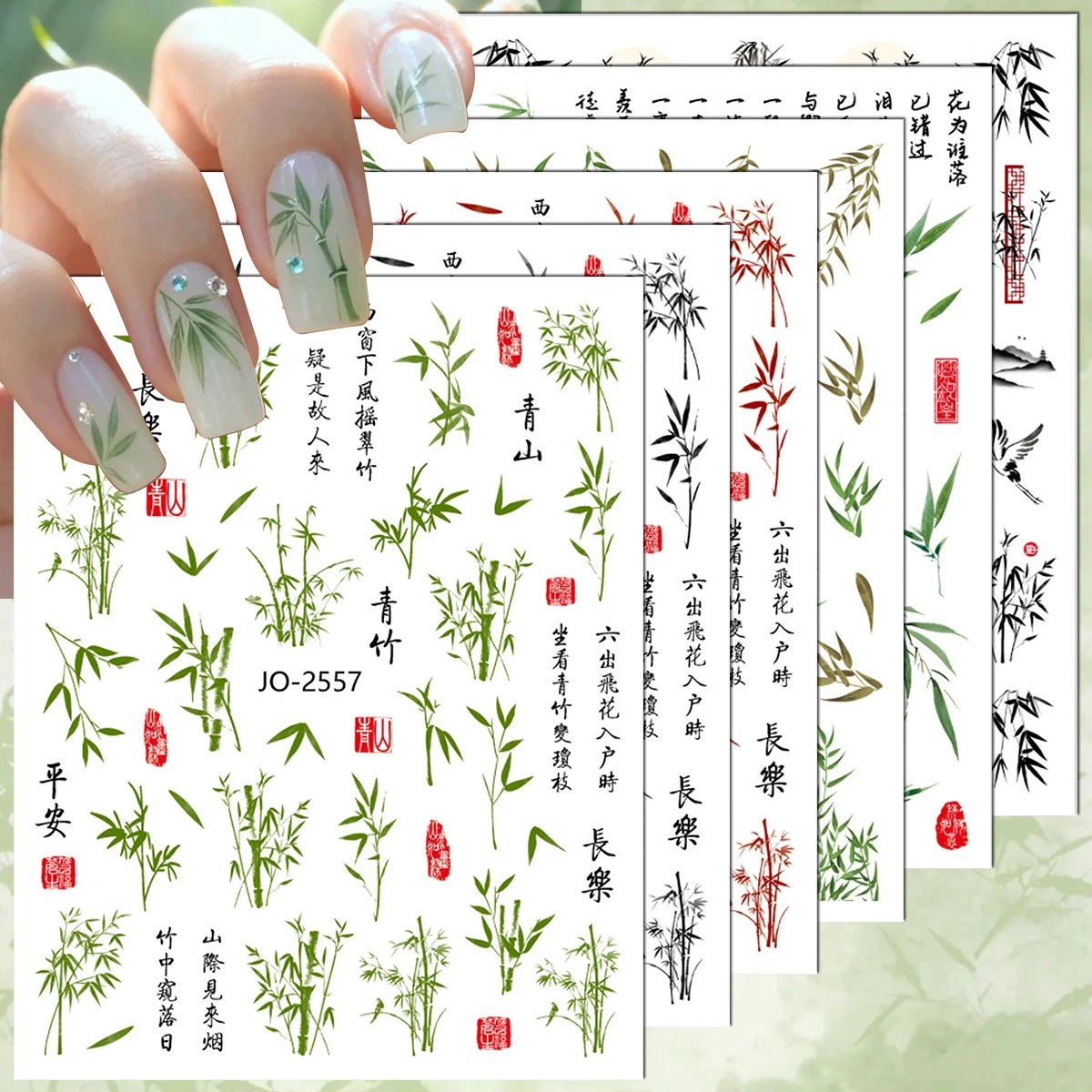 3 bis 18 Blatt 3D Chinesische Tinten-Bambus-Nagelaufkleber Orientalische Bambusblatt-Kalligraphie Selbstklebende Nagelsticker DIY Maniküre