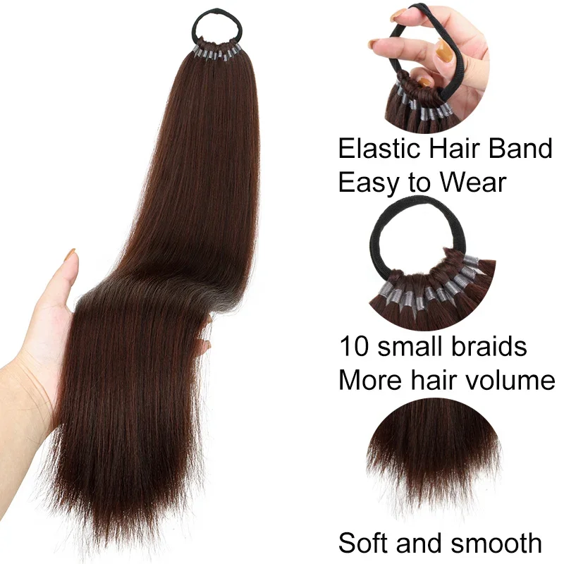 وصلة شعر صناعية طويلة مستقيمة بطول 22 بوصة، شريط مطاطي مضفر على شكل ذيل حصان، قطعة شعر سوداء وحمراء للنساء