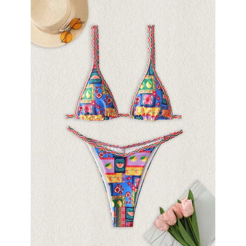 Neue Weiche Tasche Gedruckt Brust Metall Dekoration Dünnen Riemen Neckholder Krawatte Party Bikini Set Sommer Sand