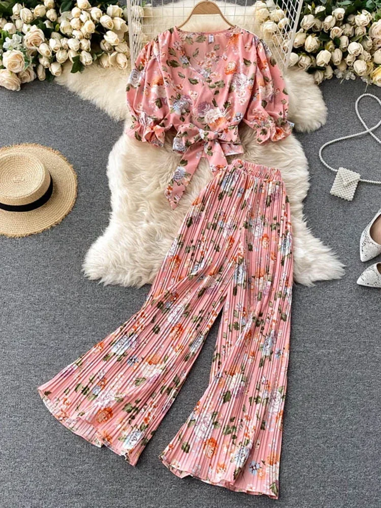 New Two-piece Suit Female Bowknot Decorated V-neck Short Top All-match Pleated Wide-leg Pants UK567