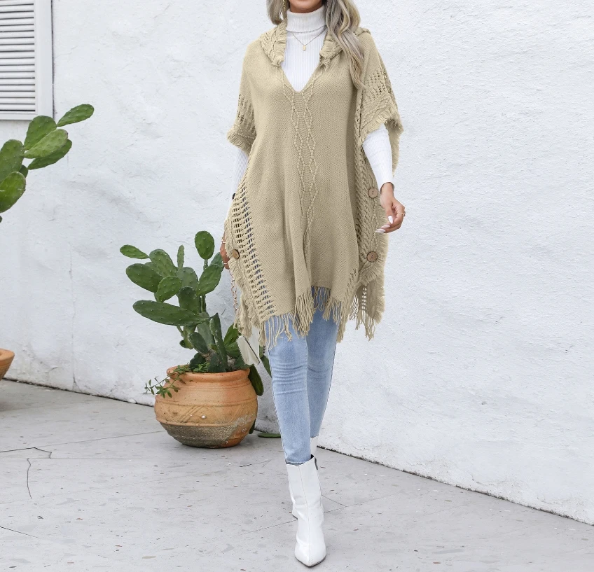 

Women's Autumn New Vest Sweater Casual Loose V-Tie Hat Pullover Sweater Medium Long Sweater Vest Cloak Top Coat