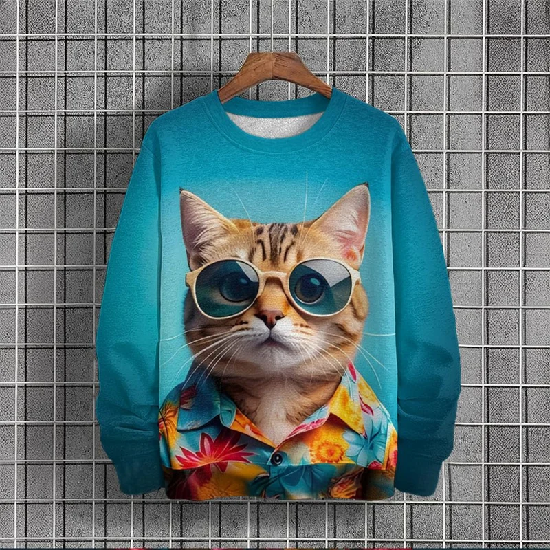 3D Printed Funny Animal Hoodie Men Women Cute Cat Pattern Sweatshirts Autumn Fashion Long Sleeve Round Neck Street Loose Hoodies