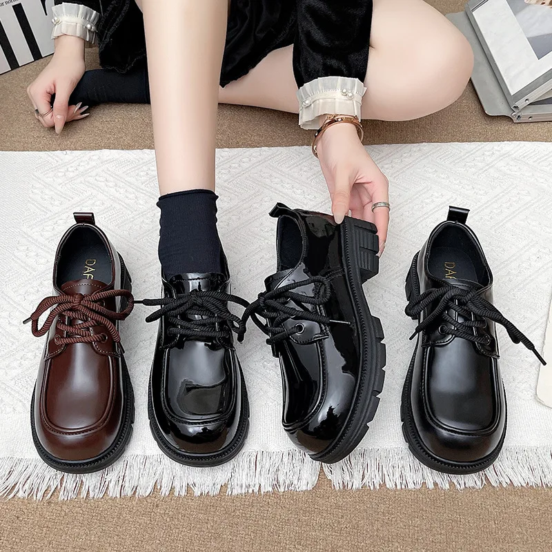 

Black Thick Sole Versatile Lace-up Leather Shoes Women's New Retro British Style Japanese Style jk Single Shoes