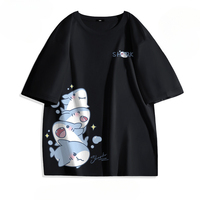 Summer Ice Silk Blue Top Youth Breathable Half Sleeve Large Loose Tee Men's Cute Shark Cartoon Print Short Sleeve T-shirt