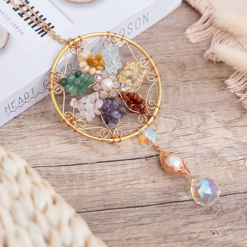 Natural Crystal Gravel Moon Wind Chime Crafts Decoration DIY Sunshine Pendant Amethyst Sun Catcher