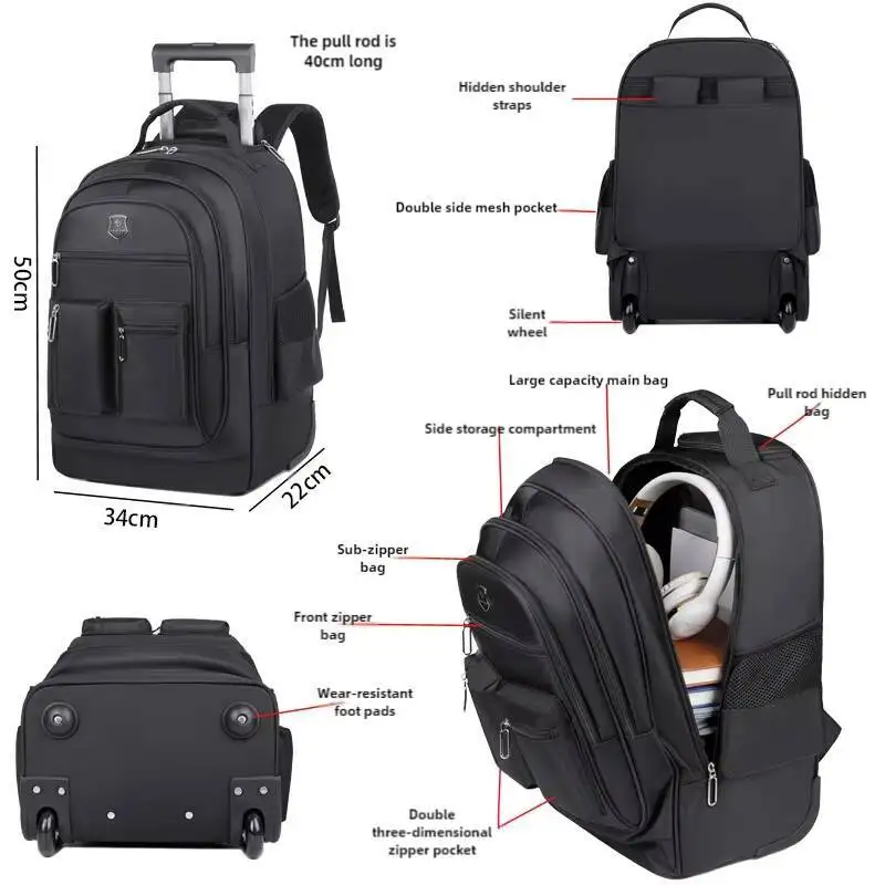 Large Capacity Travel Wheeled Backpack Wheels Hidden Pull Rod Waterproof Carry Luggage Weekend Travel Bag For Men Business Trip