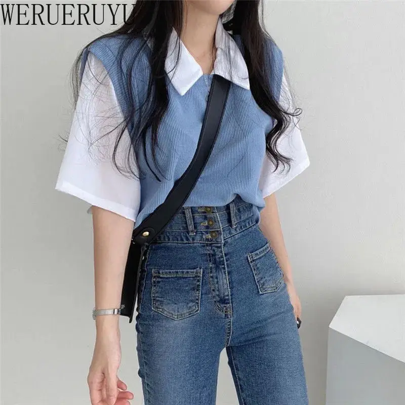 Summer POLO Collar T-shirt Short Sleeve Y2k Top Womens Clothes Korean Fashion Youth Casual Loose Knitted T-shirts for Women 2024