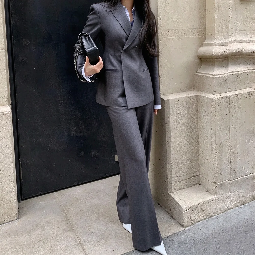 High Quality Grey Women's Suits Smart Casual Double Breasted Peak Lapel Blazer Evening Office Work 2 Piece Jacket Pants Sets
