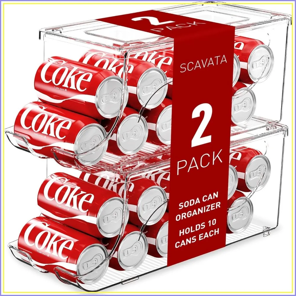 Stackable Refrigerator Can Dispenser, Holds 10 Cans, Clear Plastic Storage Bin with Lid for Fridge, Freezer, Kitchen