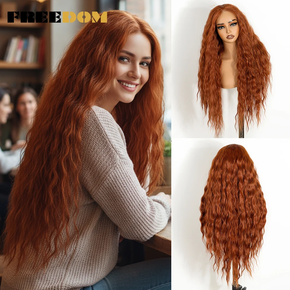 FREEDOM Synthetic Lace Front Wigs For Women 6x4 Pre Plucked Pre-cut Wear and Go Glueless Wig Long Curly Wavy Ginger Cosplay Wig