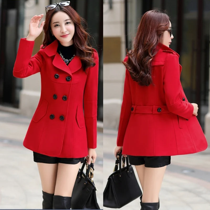 Autumn Winter Women Double Breasted Woolen Coat Solid Color Lapel Slim Fit Short Ladies Wool Jacket S-3XL