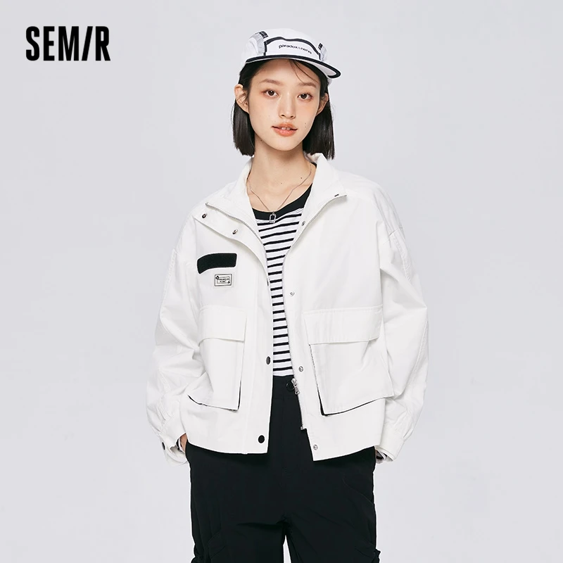 

Semir Outerwear windbreaker Women Stand Collar Drawstring Jacket 2023 Spring New Loose Fashion Color Contrast Top Simple Coat