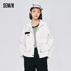 Semir Outerwear windbreaker Women Stand Collar Drawstring Jacket 2023 Spring New Loose Fashion Color Contrast Top Simple Coat