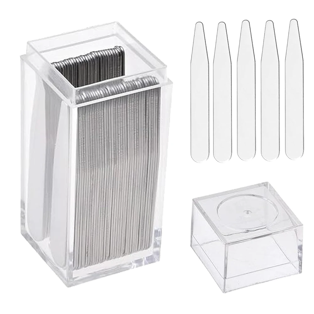 24 قطعة من الياقة المصنوعة من الفولاذ المقاوم للصدأ تبقى في صندوق بلاستيكي شفاف لقميص رجالي مقاس 50 × 12 ملم