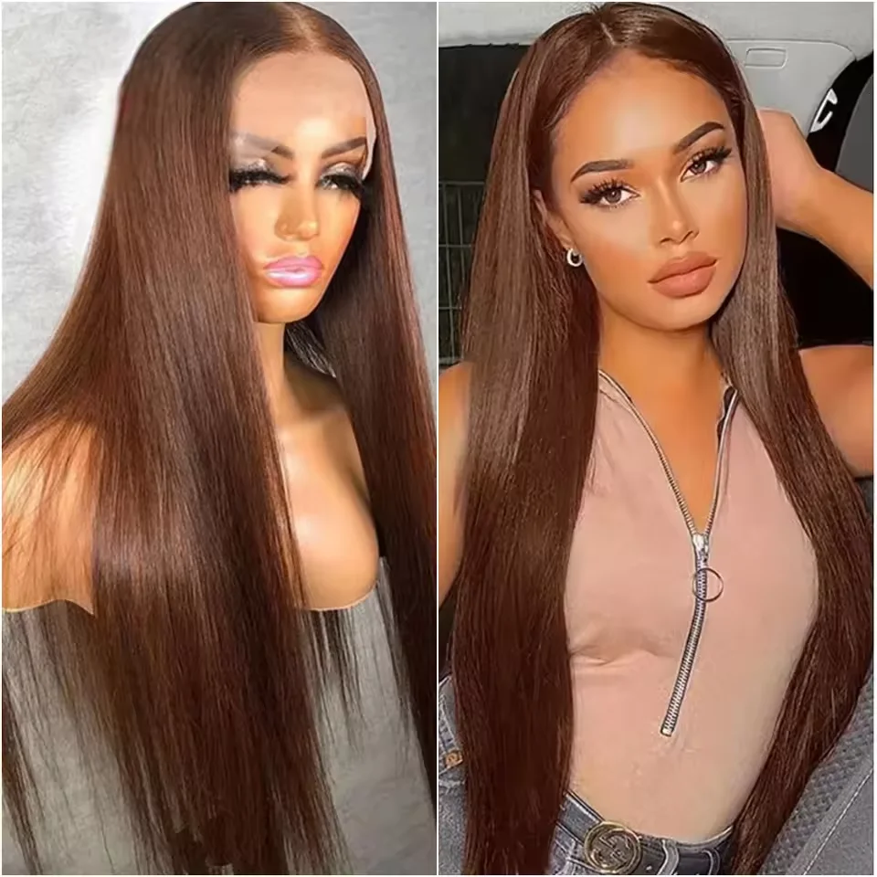 

46 Inches 13x6 HD Transparent Lace Front Wigs #4 brown chocolate straight human hair 200 Density Brazilian human hair For Women