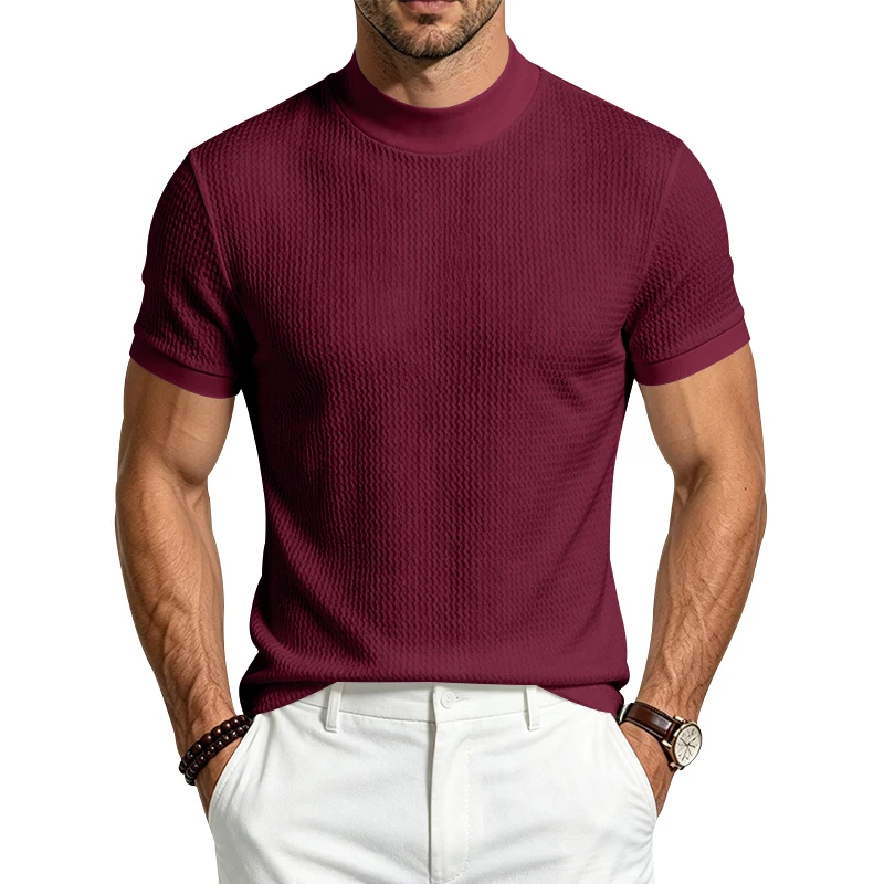 Men's Waffle Textured Mock Neck Short Sleeve T-Shirt Slim Fit Old Money Style Solid Basic Tee Summer Smart Casual Tops