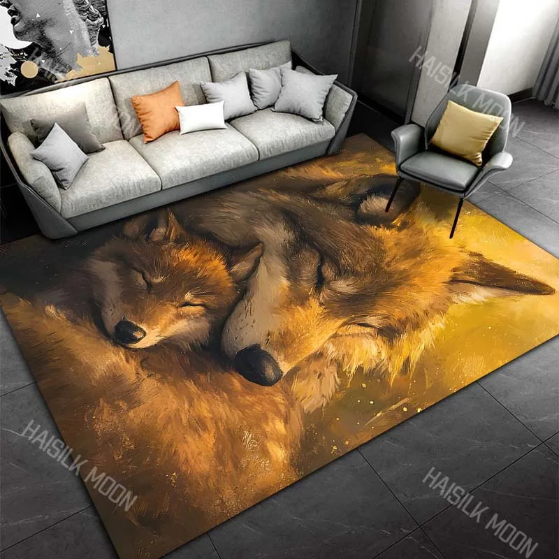 1PC Mother wolf cuddles sleeping pup Carpet for Living Room Bedroom Sofa Home Decor Rus Non-slip Floor Mat Luxury Gift