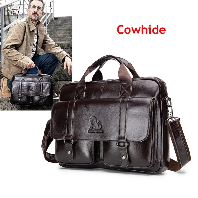 Genuine Leather Briefcase for Man Cowhide Handbag Laptop Office Shoulder Business Work Messenger Crossbody Side Bag Suitcase