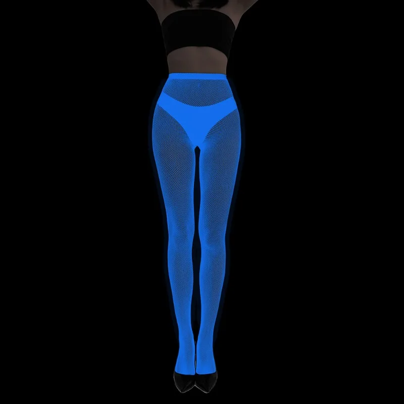 Niebieskie fluorescencyjne rajstopy z koronką, siateczkowe, przezroczyste pończochy, seksowne tatuaże, kwiatowy żakard, ażurowe skarpetki, damska odzież erotyczna.