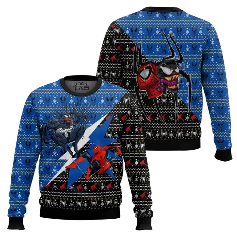 

Marvel Christmas Ugly Sweater Spider Man vs Venom Confrontation Blue Black Main Color Personality Unique Festive Atmosphere