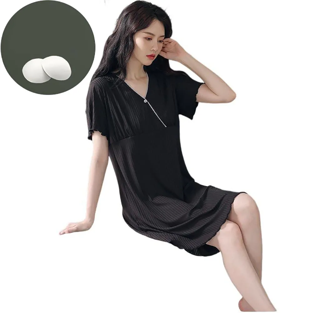 Women\'s Nightgown Plus Sized Short Sleeve V-Neck Nightshirts Solid Color Loose Pajamas Dress With Pad Casual Sleepwear