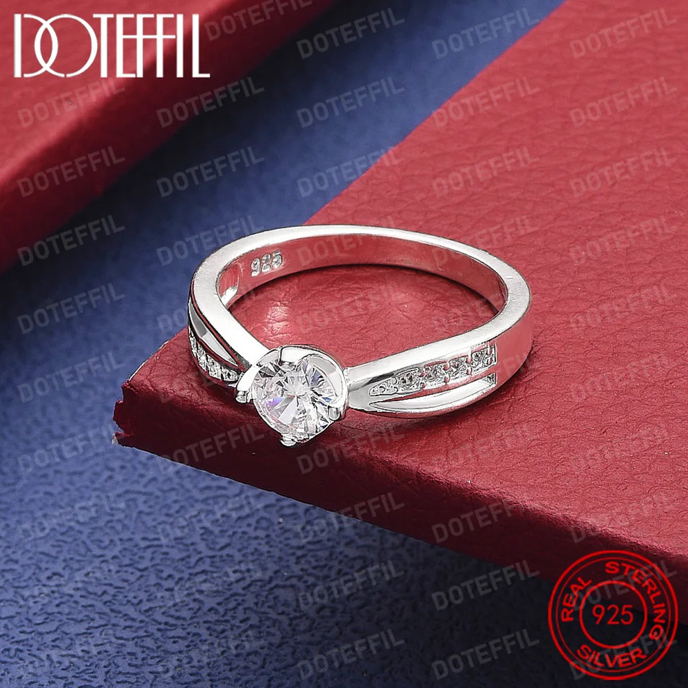 925 Sterling Silver Full AAA Crystal Round Ring For Woman Fashion Wedding Engagement Party Charm Jewelry
