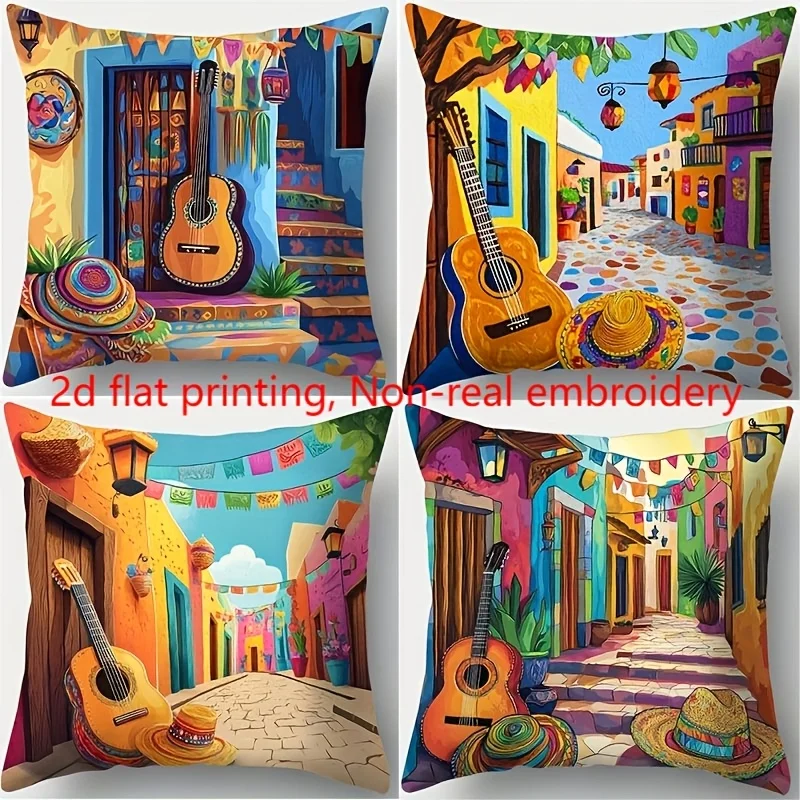 4-piece pillowcase set featuring a Mexican-themed design, suitable for room, bedroom, and sofa decoration (insert not included)