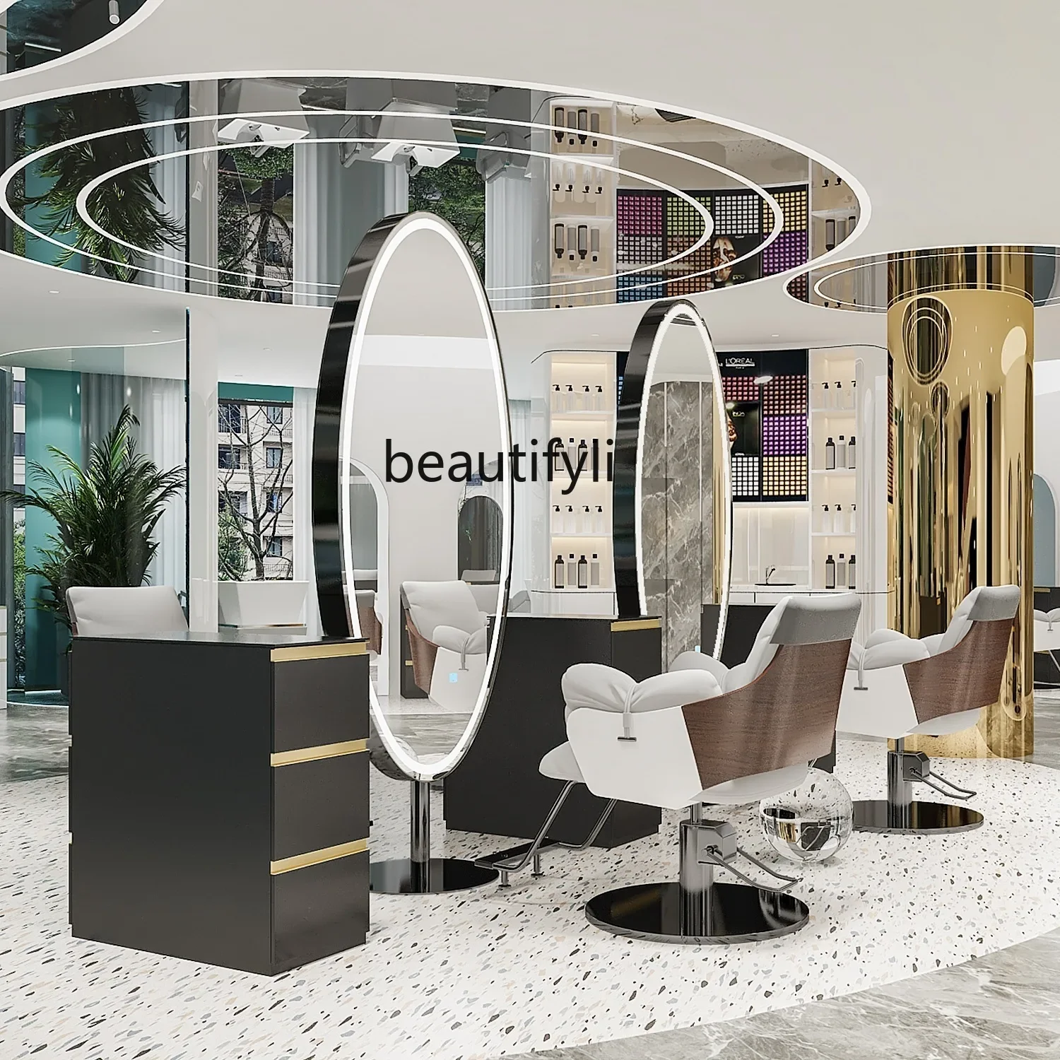 Yy Barber Shop مرآة طاولة أرضية من الفولاذ المقاوم للصدأ مرآة للجسم بالكامل، مرآة خاصة للشعر على الوجهين مع ضوء LED