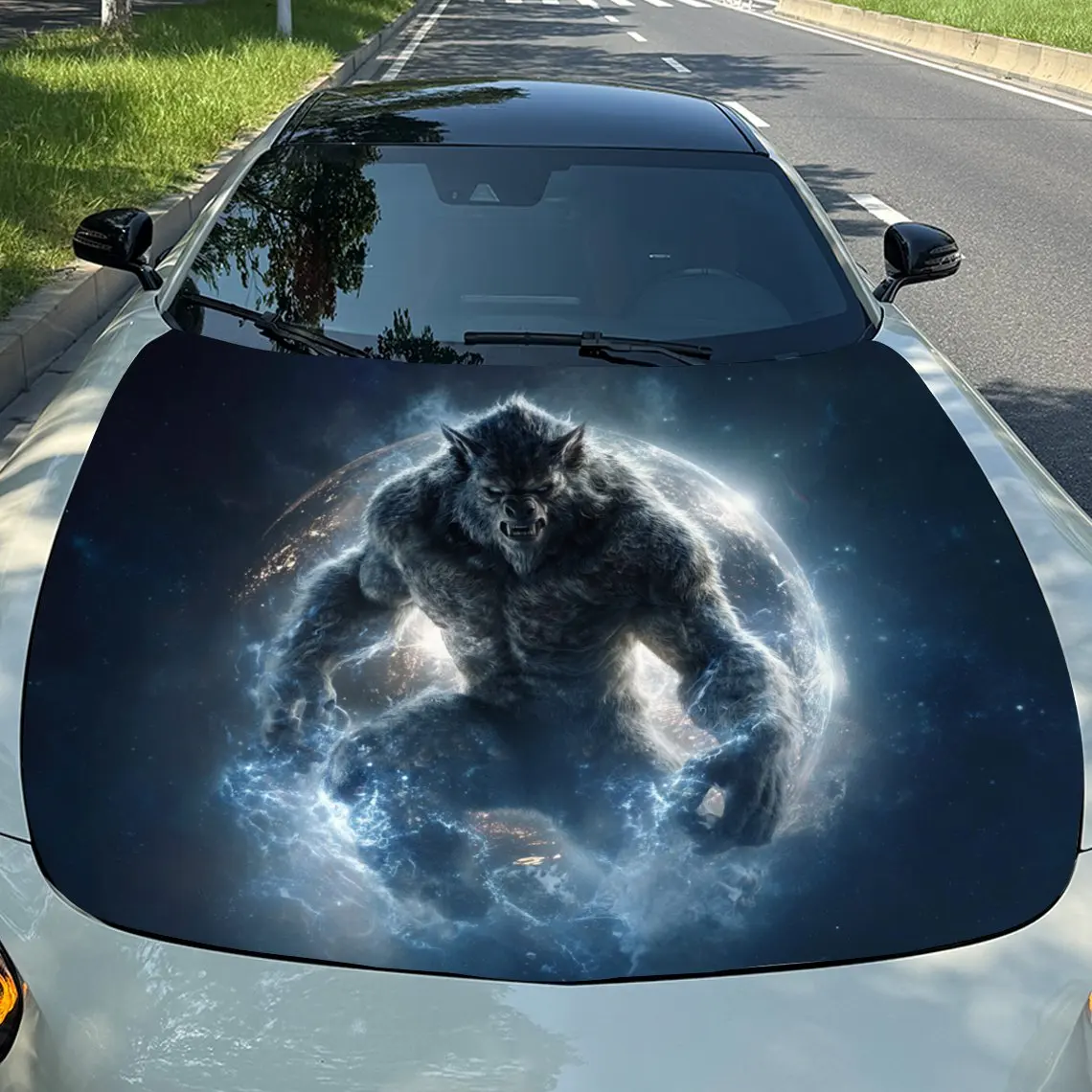 Werewolf Warrior Car Hood Sticker PVC Self Waterproof Stick, Striking Auto Exterior Accessories Decor Protect Gift for Car Lover
