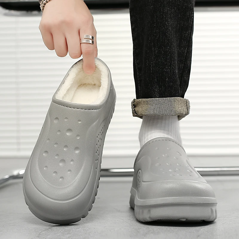 Мужские зимние тапочки на закрытом каблуке — утолщенная теплая флисовая подкладка, морозостойкая домашняя нескользящая домашняя обувь с закрытым носком