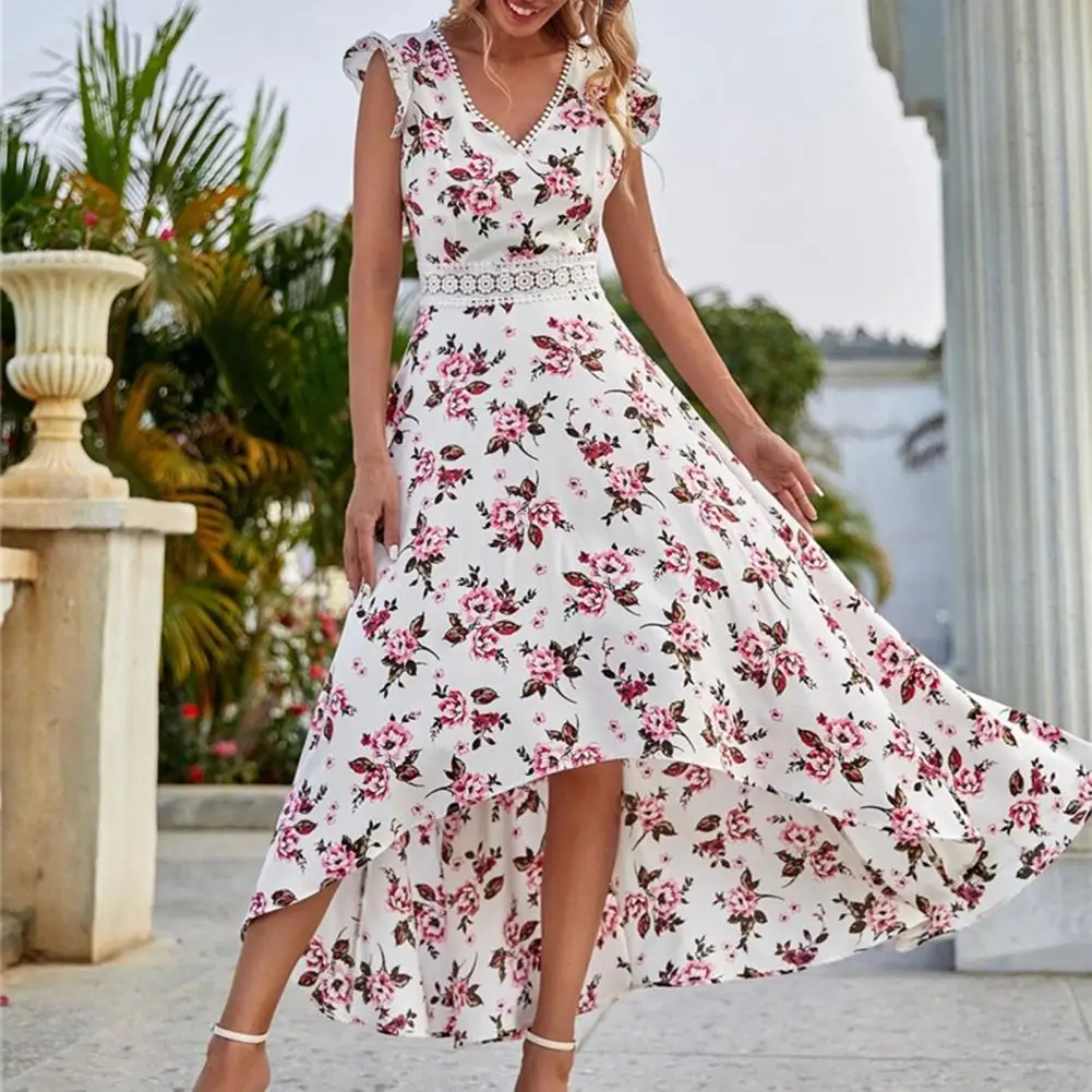 

Women Elegant Long Dress V-neck Waist Tight High-low Hemline Female Dress Floral Print Sleeveless Beach Holiday Dress Streetwear