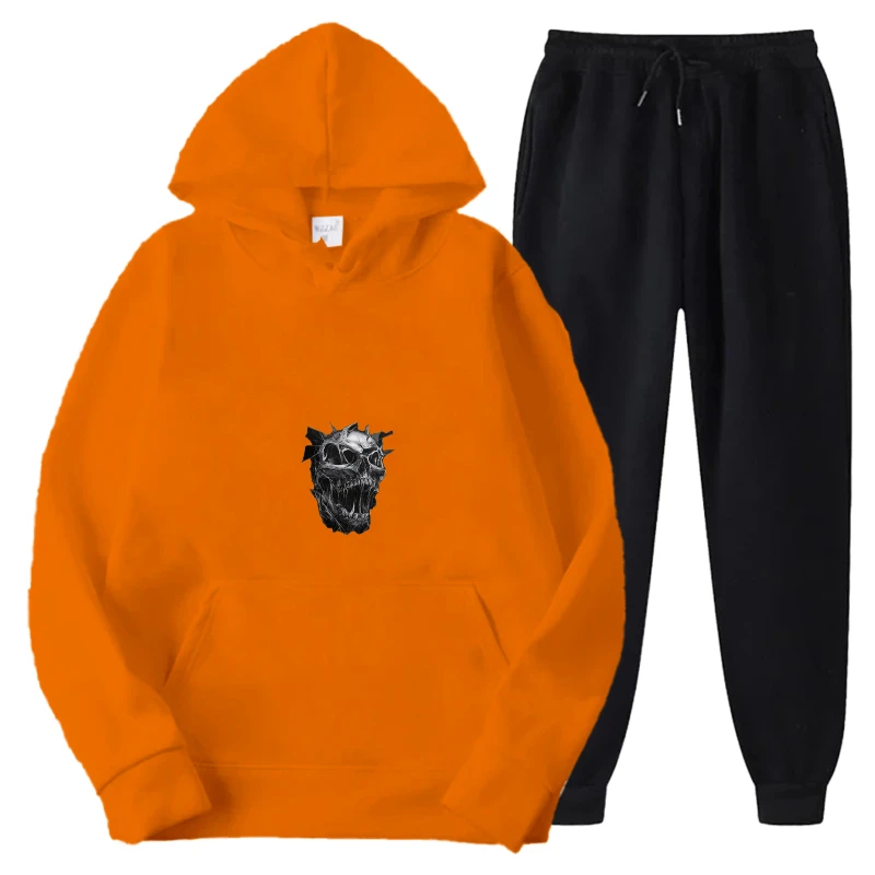 

Комплект толстовок с капюшоном, оранжевый, черный, толстовка с принтом черепа и брюки, повседневная уличная одежда для мужчин и женщин, модный наряд