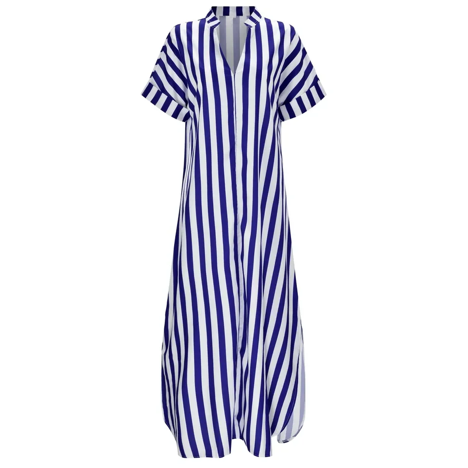 Cheap Casual Womens Dresses Striped Short Sleeve Maxi Dress With Side Slit Women'S Open Front Loose Blouse Dress Woman Clothing