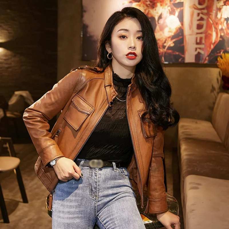 

New 2023 Women's Genuine Sheepskin Leather Jacket New Shacket Real Lambskin Leather Coat Sheep Leather Bomber Jacket CL4028