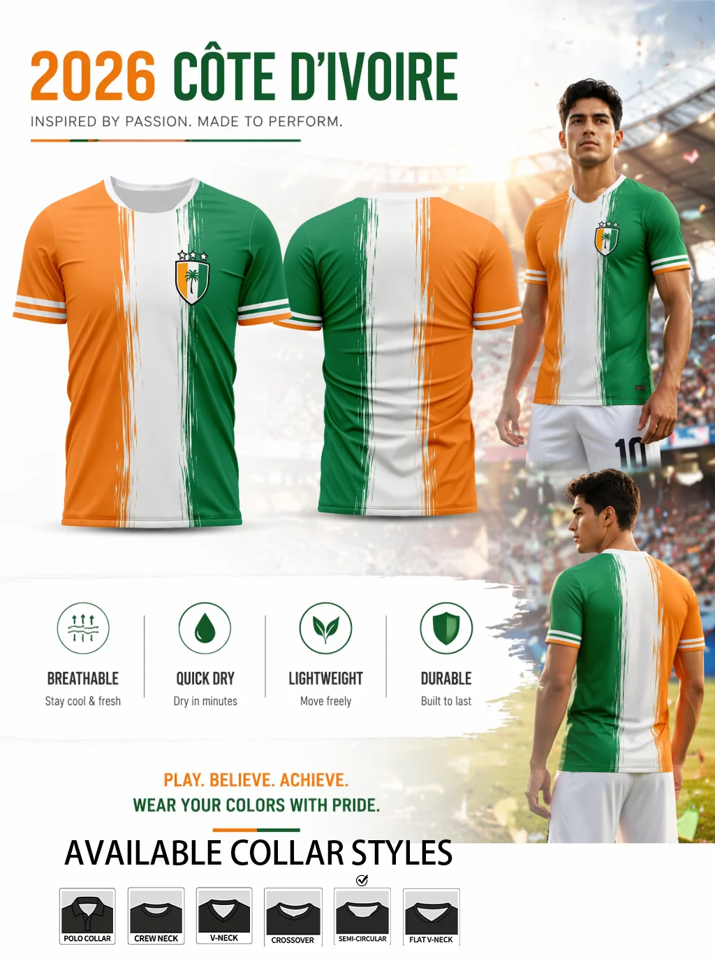 Côte d'Ivoire soccer jersey with brush‑stroke vertical tricolor stripes and palm‑shield emblem full of national football passion