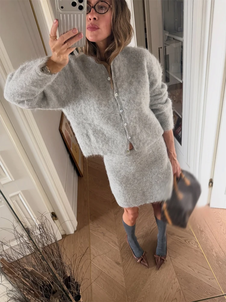 Solid Color Zipper Waist Cinching Casual Set Knitted Top Drawstring Straight Leg Pants 2-piece Sets 2026 Autumn Lady Daily Wear