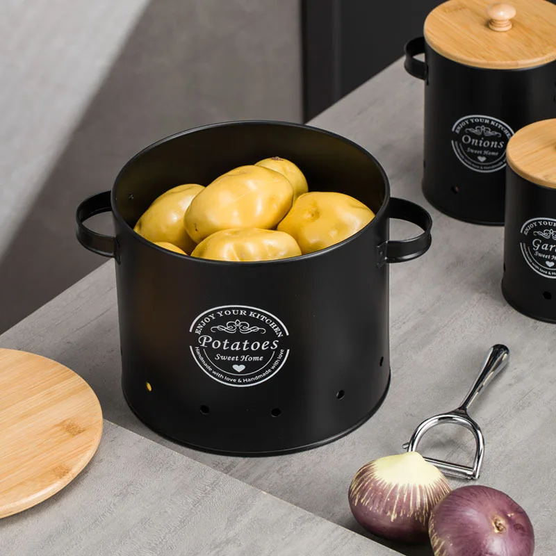 3PCS Kitchen Potato and Onion Storage Bucket Garlic and Potato Breathable Storage Box Set of Metal Cans with Wooden Lids