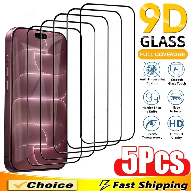 5 pièces de verre de protection 9D pour iPhone 17 15 14 11 12 13 16 18 Pro Max, protecteur d'écran pour iPhone 18 16 PRO XS X XR, verre trempé