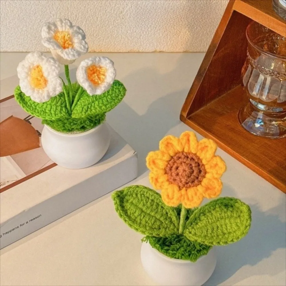 

Hand Knitted Crochet Flower Potted Plant Artificial Flower Sunflower Potato Lily of The Valley Handmade Desktop Ornament