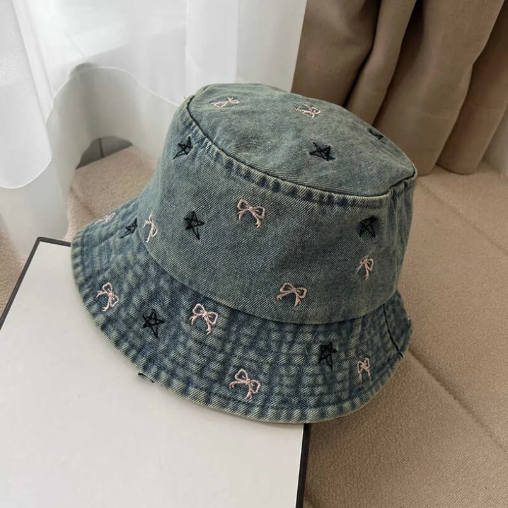 Korean Version Sweet Star Bow Embroidered Bucket Hats Women Spring and Summer Fashion Versatile Sunscreen Retro Denim Caps