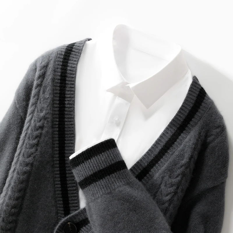 Cardigan in maglia con doppia tasca color block in lana merino al 100% Cashmere morbido maniche lunghe Abbigliamento da uomo confortevole e di base