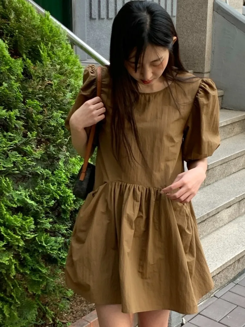 Loose Bubble Sve Doll Dr Women's Summer New Sle Pure Color ort Skirt Korean Version Milk Blue Casual Commute Wind