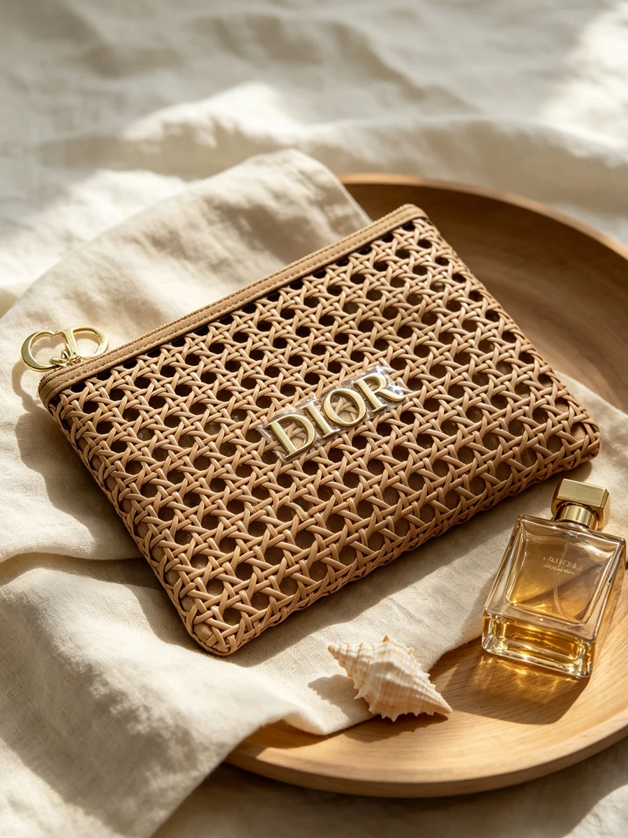 DIOR Tasche Damen Rattan-Gewebe Kosmetiktasche Tragbare Hochwertige Reißverschluss-Make-up-Tasche Urlaubsgeschenk Aufbewahrungstasche Mit Metall-Logo