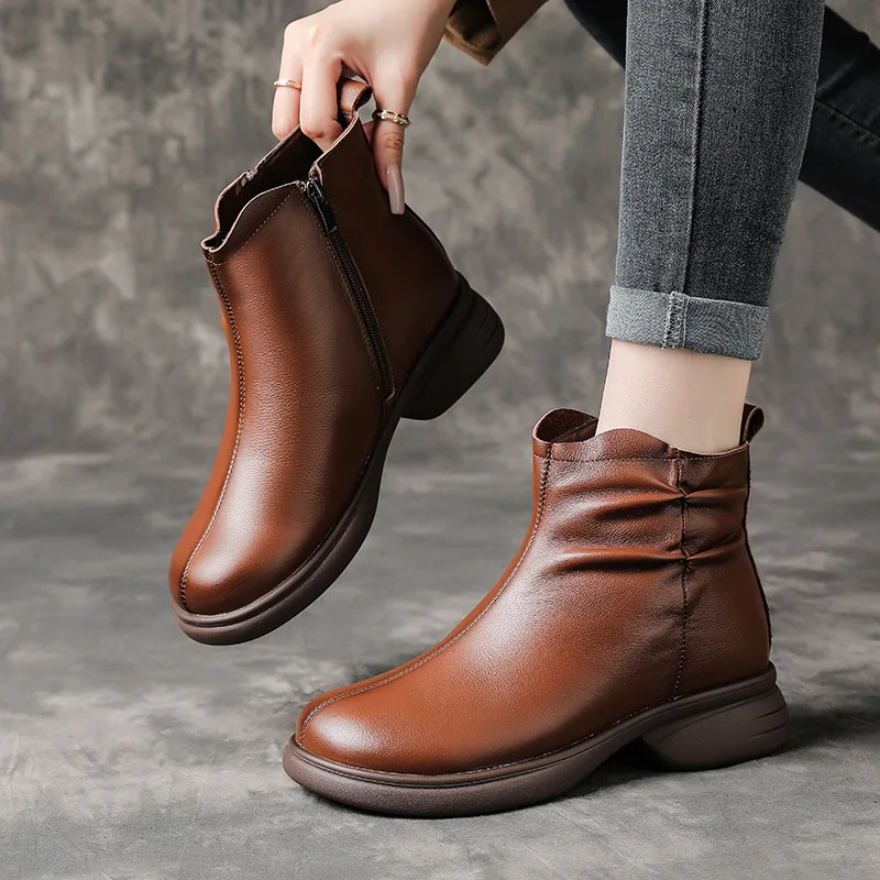 

Classic Retro Elegant Side Zip Women Single Boots Fashion Shoes 2026 New Winter Genuine Leather Boots Warm Snow Boots